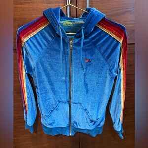 Aviator Nation teal velour Hoodie with Multicolor Stripe size XS